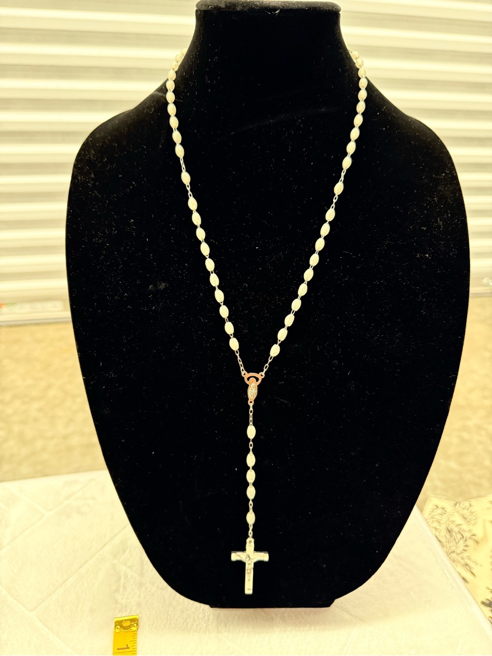 Classic Ivory Bead Rosary Necklace with Cross Pendant